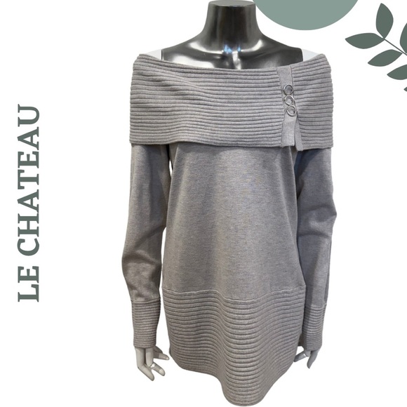 Le Château Gray Off-the-Shoulder Tunic Sweater | Ribbed Foldover Collar Size XXL - Picture 1 of 7